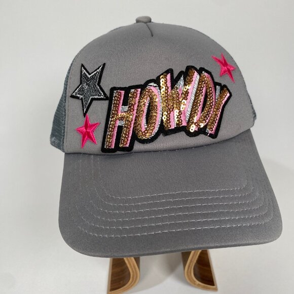 Trendy Gray "Howdy" Cowgirl Snapback‎ Hat with Sequin Patch and Stars - Picture 2 of 6